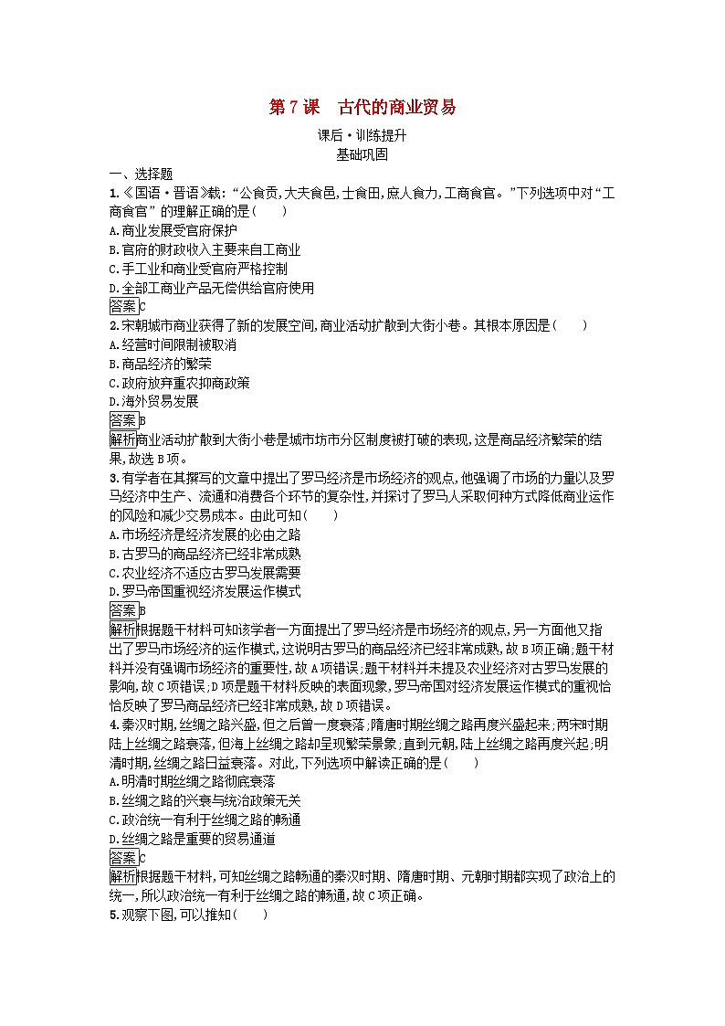 新教材2023年高中历史第3单元商业贸易与日常生活第7课古代的商业贸易课后训练部编版选择性必修201