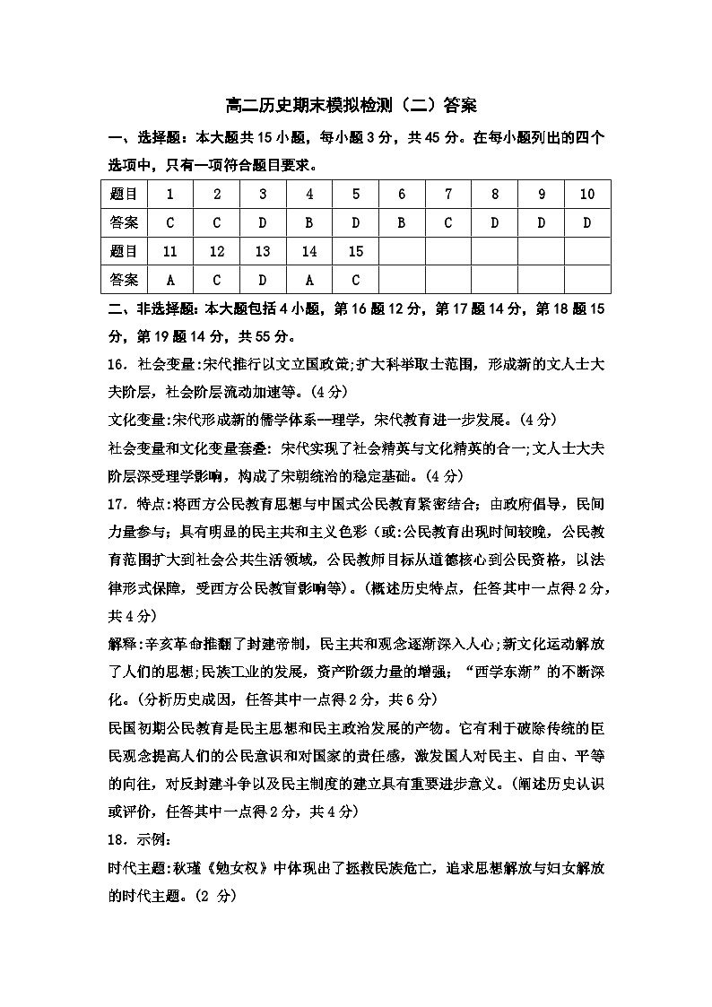 山东省潍坊国开中学2022-2023学年高二下学期期末模拟检测（二）历史试题01