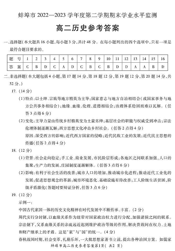 安徽省蚌埠市2022-2023学年高二下学期期末学业水平监测历史试题01