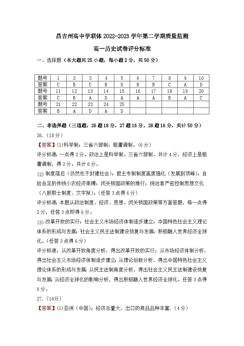 昌吉州高中学联体2023学年第二学期质量监测高一历史试卷评分标准第1页