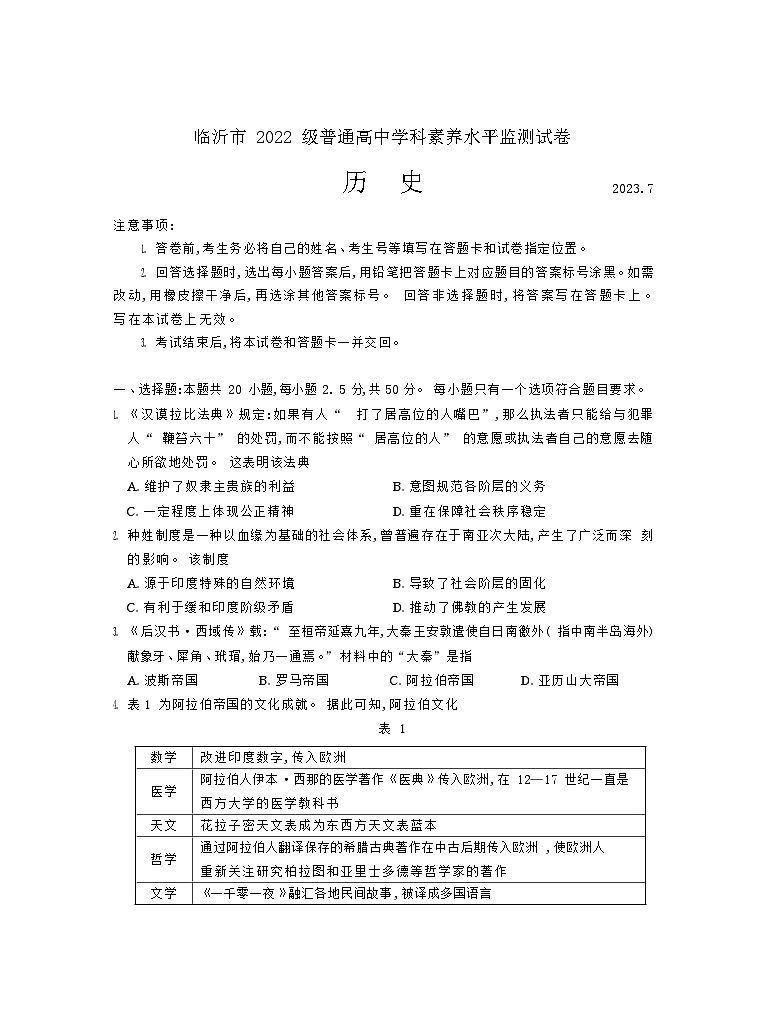 山东省临沂市2022-2023学年高一下学期期末学科素养水平监测历史试题01