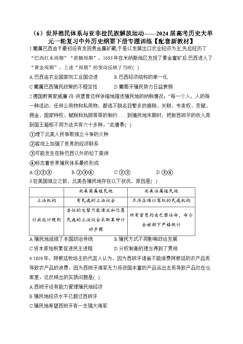 （6）世界殖民体系与亚非拉民族解放运动 专题训练--2024届高三统编版（2019）必修中外历史纲要下大单元一轮复习第1页
