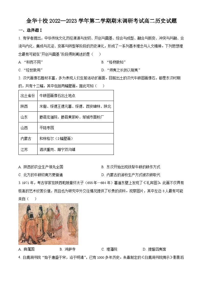 2023金华十校高二下学期期末历史试题含解析01