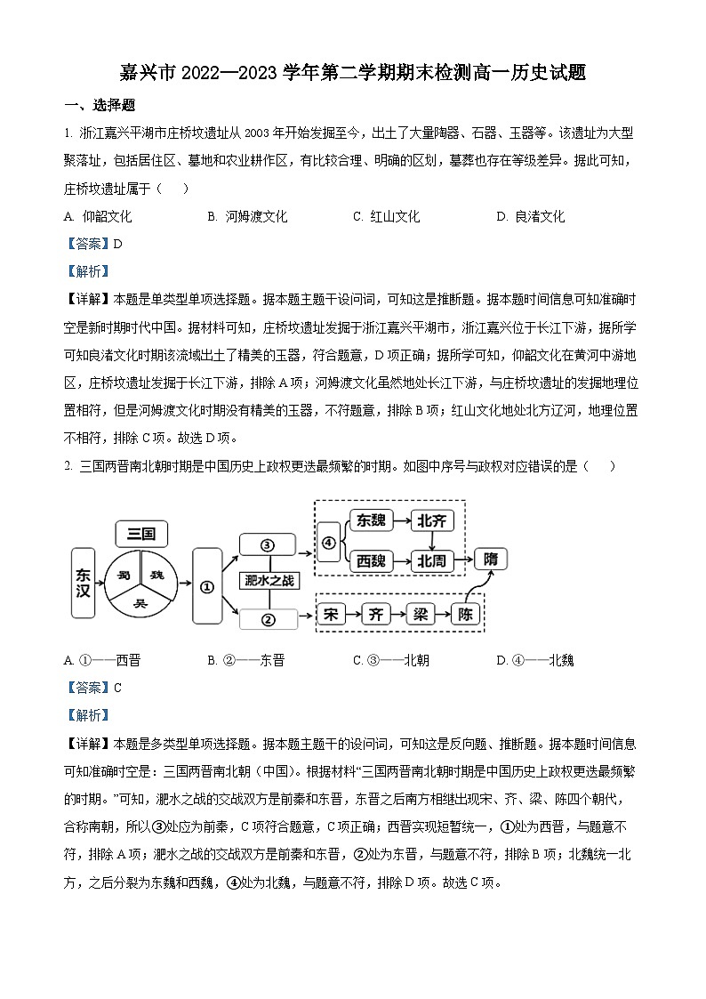 2023嘉兴高一下学期期末考试历史试题含解析01
