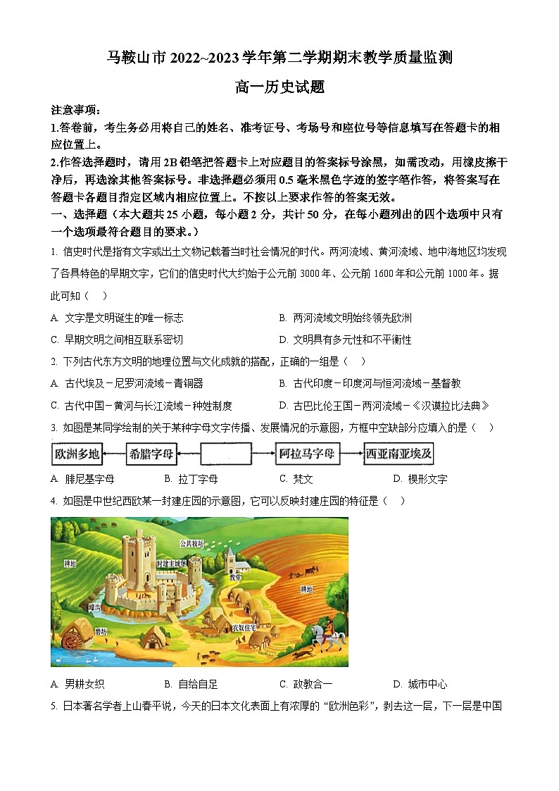 2023马鞍山高一下学期期末考试历史试题含解析01