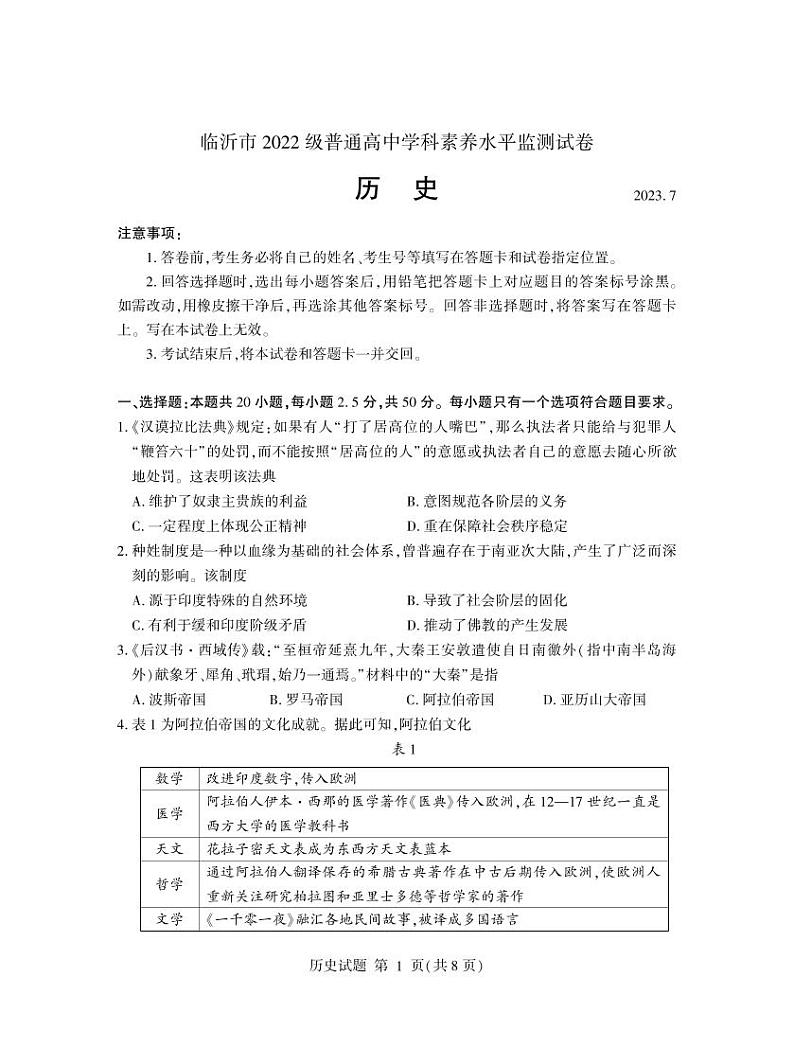 2023临沂高一下学期期末考试历史试题扫描版含答案01