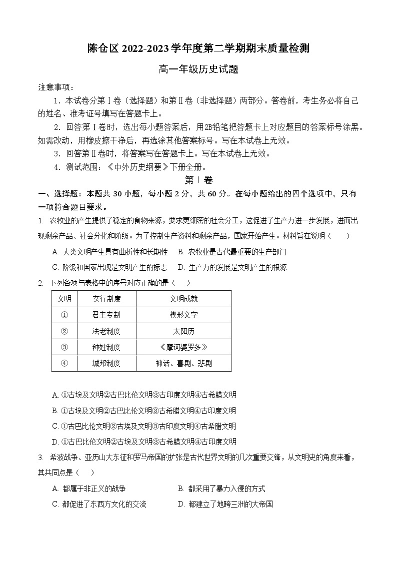 陕西省宝鸡市陈仓区2022-2023学年高一下学期期末考试历史试题01