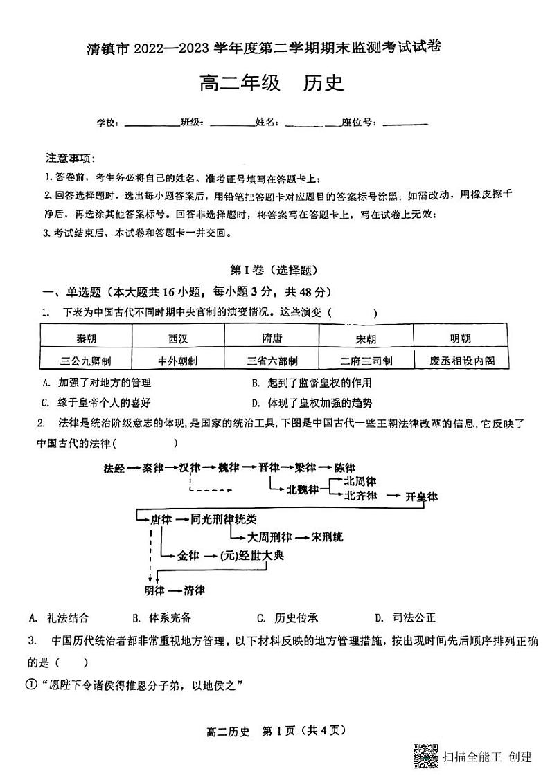 贵州省贵阳市清镇市2022-2023学年高二下学期期末考试历史试题01