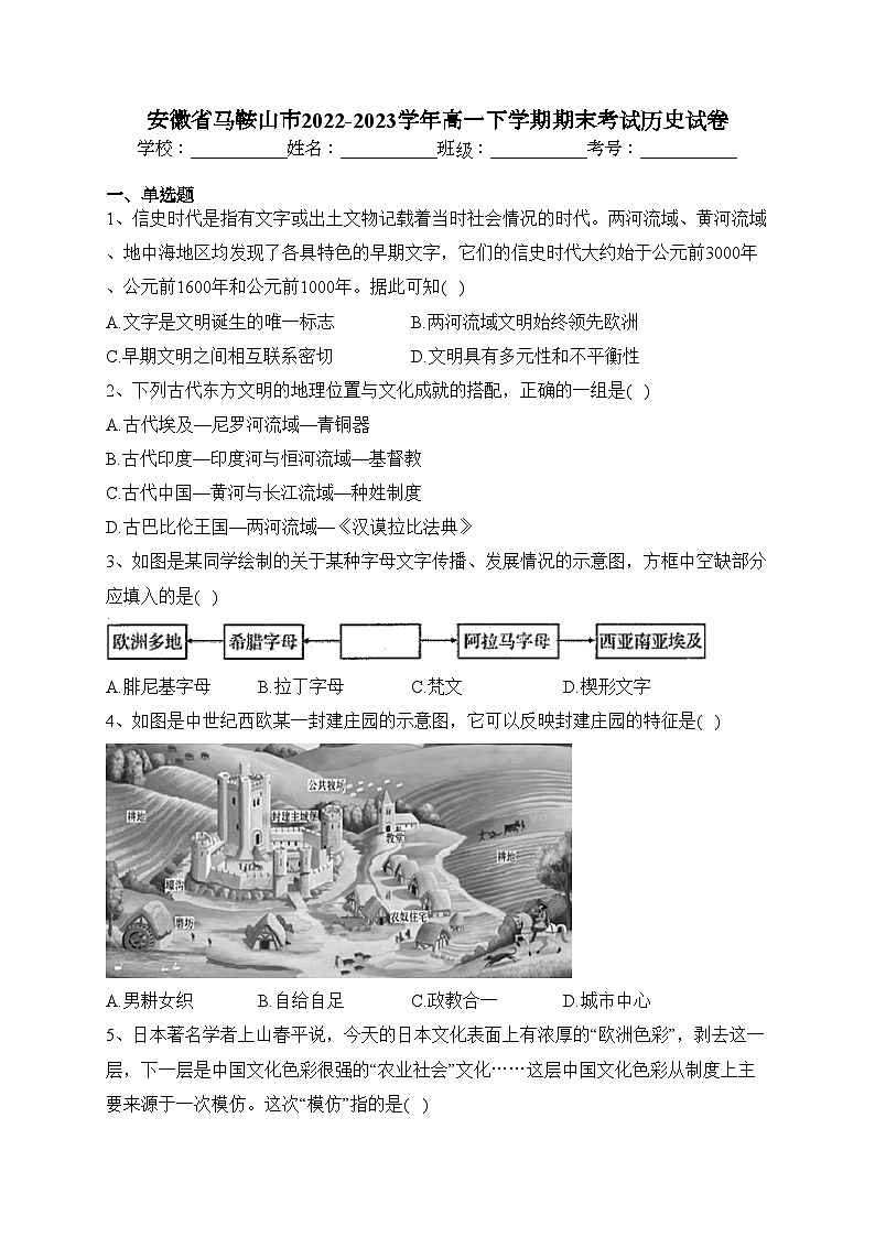 安徽省马鞍山市2022-2023学年高一下学期期末考试历史试卷（含答案）第1页