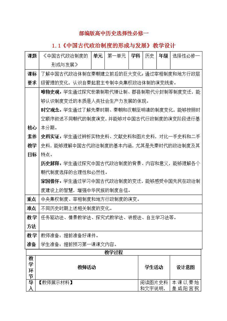 人教统编版历史选择性必修1国家制度与社会治理 第1课《中国古代政治制度的形成与演变》PPT课件+教案01