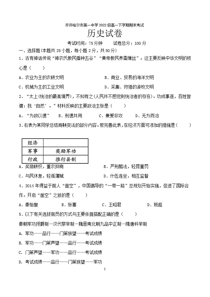 黑龙江省齐齐哈尔市第一中学校2022-2023学年高一下学期期末历史试卷第1页