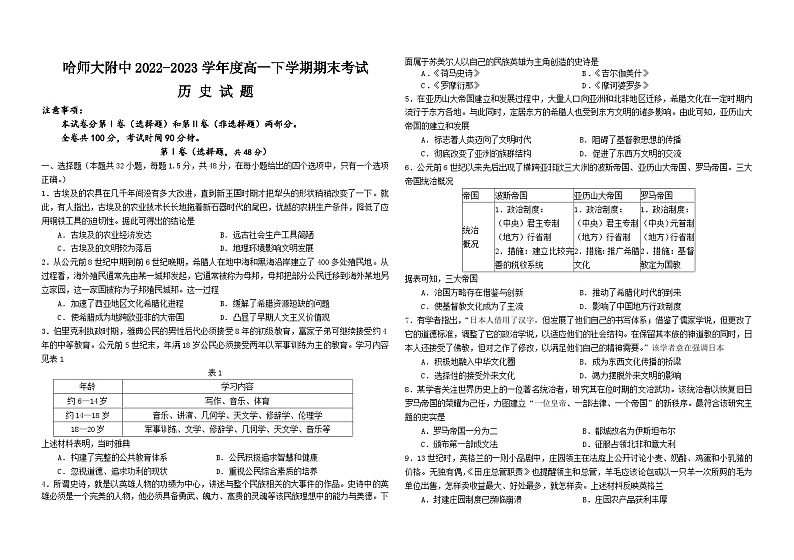 黑龙江省哈尔滨师范大学附属中学2022-2023学年高一下学期期末考试历史试题01