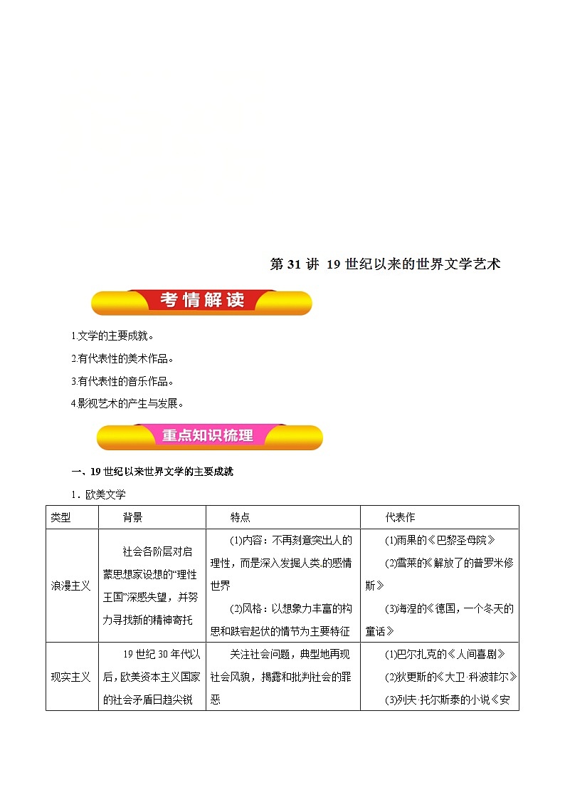 高考历史一轮复习讲练第31讲 19世纪以来的世界文学艺术（含解析）01
