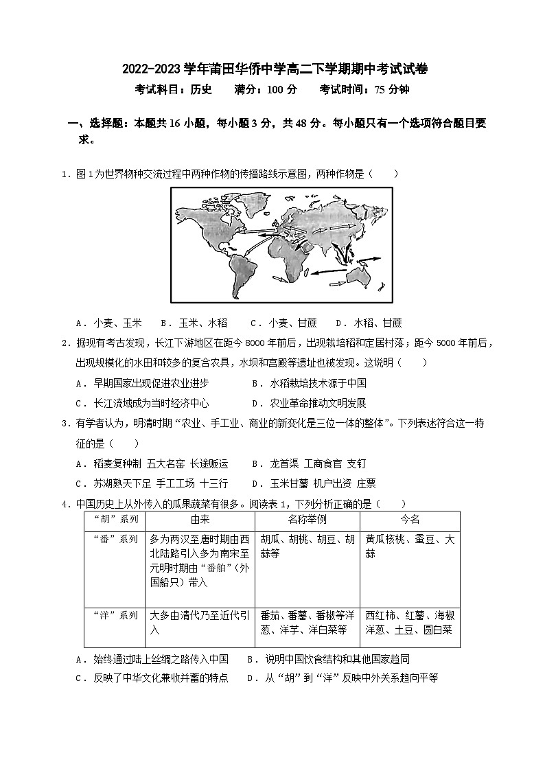 福建省莆田华侨中学2022-2023学年高二下学期期中考试历史试题01