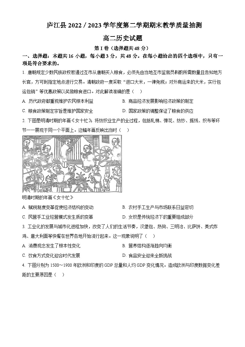 2023合肥庐江县高二下学期期末考试历史试题含解析01