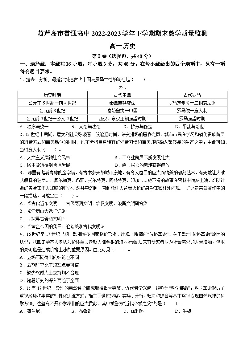辽宁省葫芦岛市普通高中2022-2023学年高一下学期期末考试历史试题01