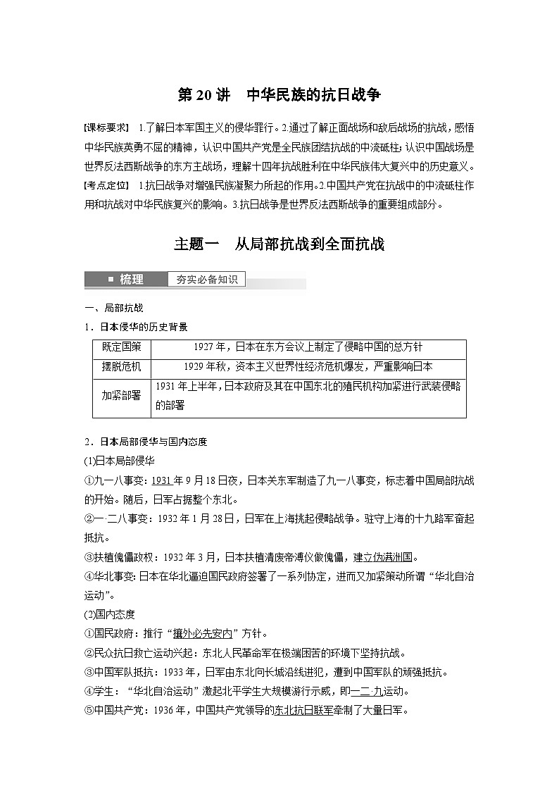 2024年高考历史一轮复习（部编版） 板块2 第7单元 第20讲　中华民族的抗日战争 课件01