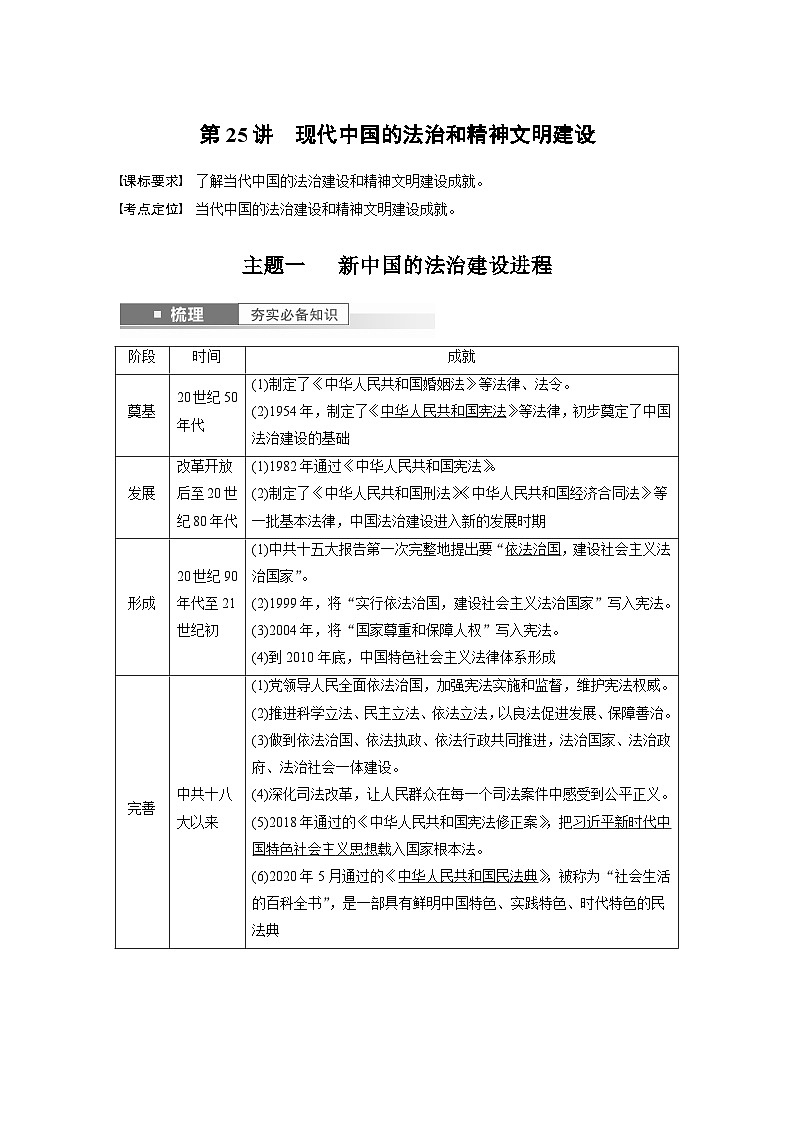 2024年高考历史一轮复习（部编版） 板块3 第9单元 第25讲　现代中国的法治和精神文明建设 课件01