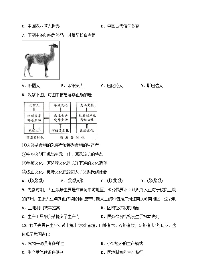 高中历史 统编版 选择性必修二 第1课 从食物采集到食物生产 课时练习（含解析）-第2页
