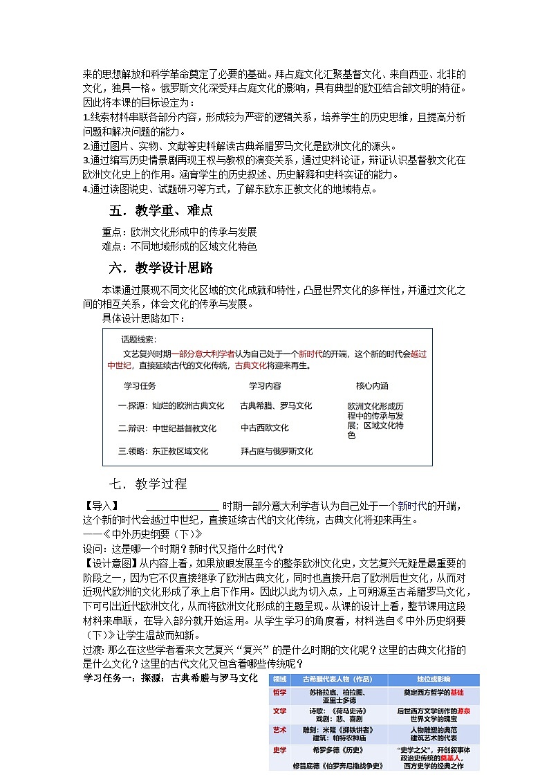 高中历史（统编版）选择性必修3 第4课 欧洲文化的形成 教学设计02