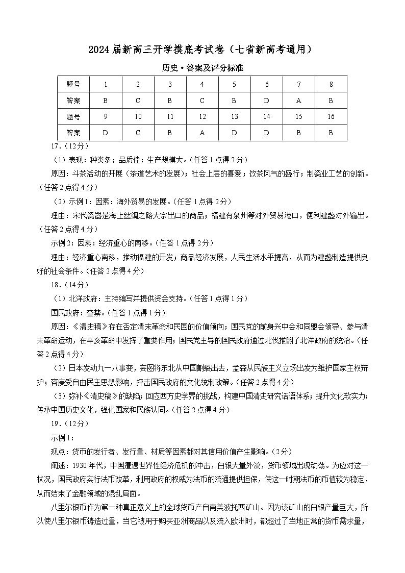 【新高三摸底】2024届新高三-历史开学摸底考试卷（七省新高考通用）01