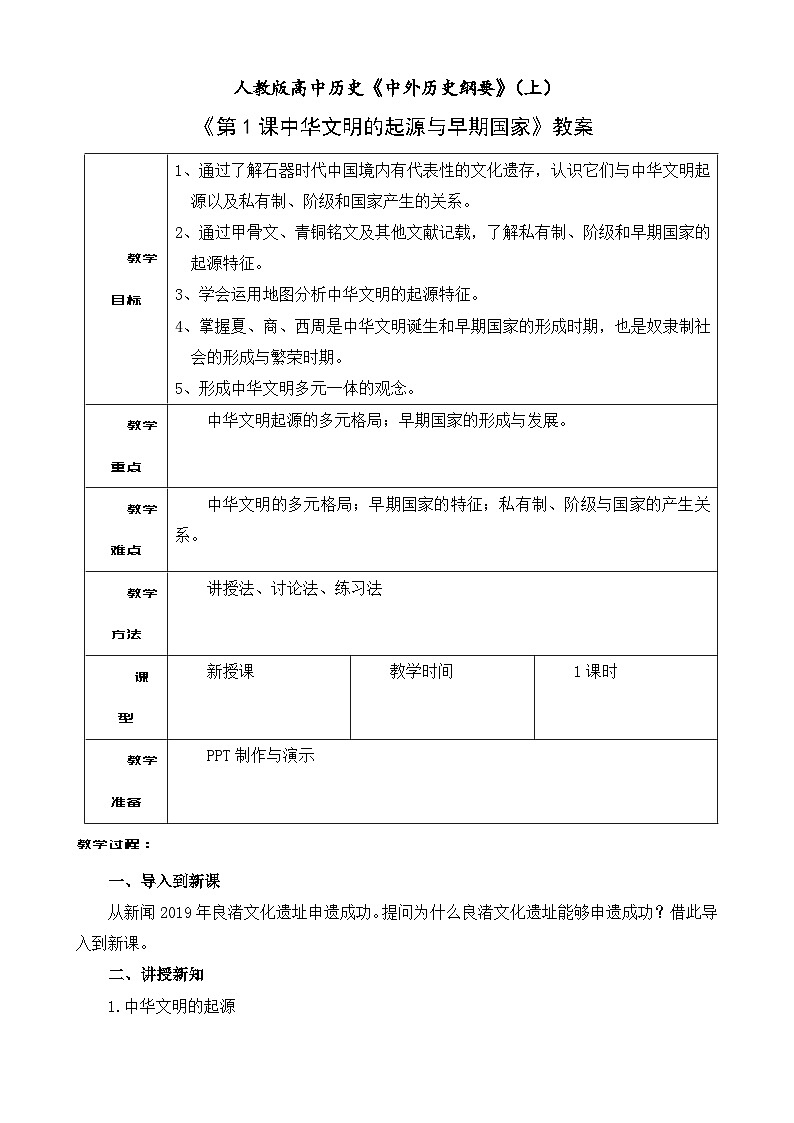 高中历史人教统编版（必修）中外历史纲要（上）第1课 中华文明的起源与早期国家教案01
