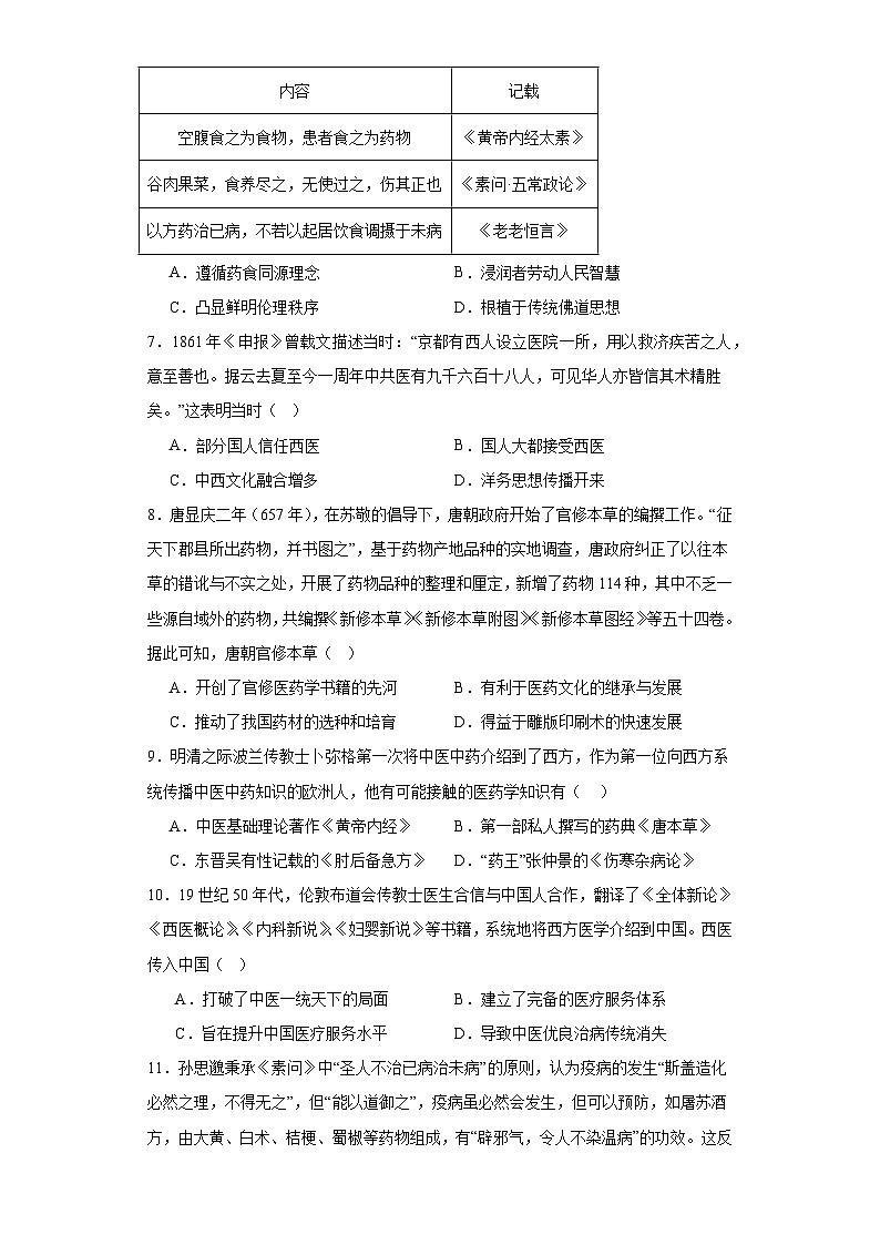 第14课 历史上的疫病与医学成就 综合测试--2023-2024学年高中历史统编版（2019）选择性必修2经济与社会生活02