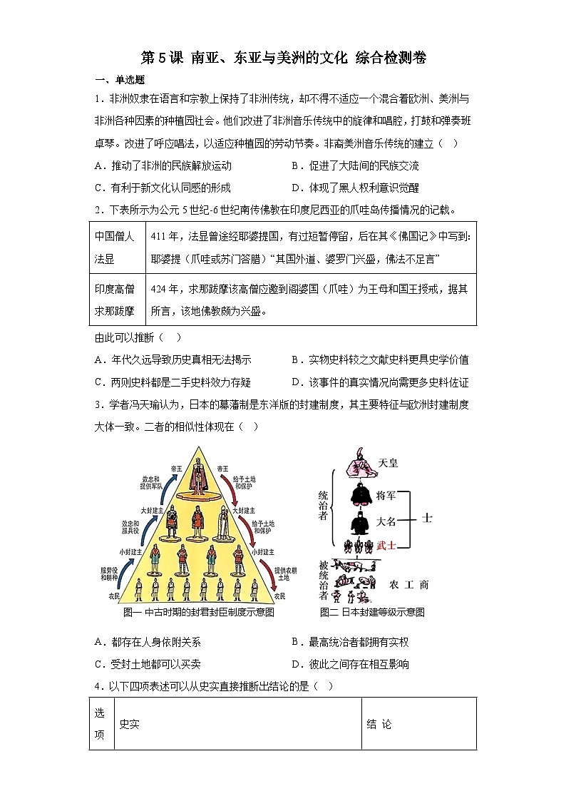 第5课 南亚、东亚与美洲的文化 综合检测卷--2022-2023学年高中历史统编版（2019）选择性必修3文化交流与传播01