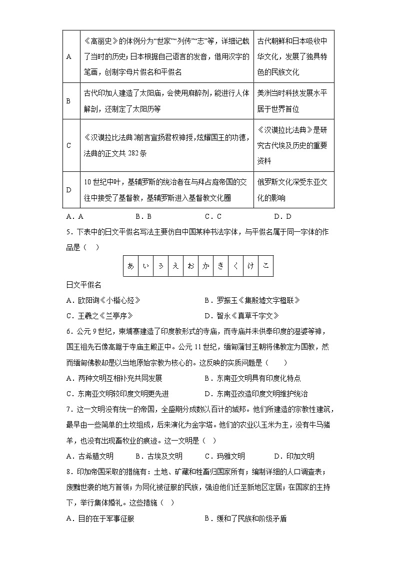 第5课 南亚、东亚与美洲的文化 综合检测卷--2022-2023学年高中历史统编版（2019）选择性必修3文化交流与传播02