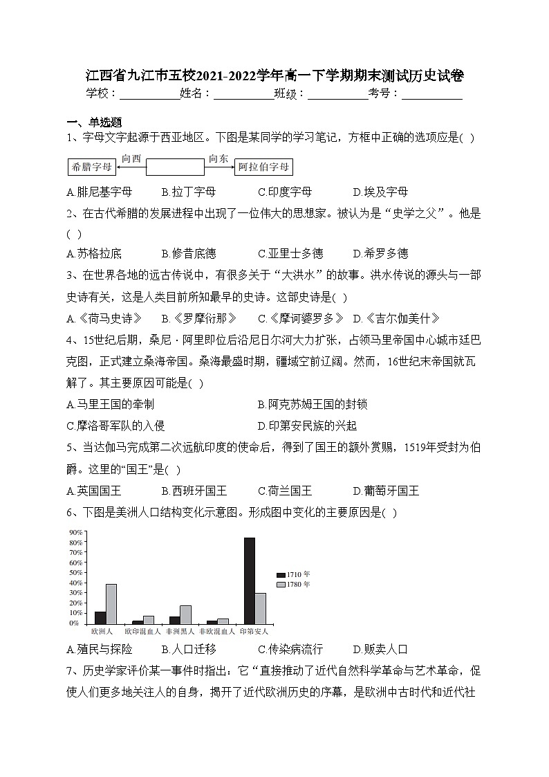 江西省九江市五校2021-2022学年高一下学期期末测试历史试卷（含答案）01