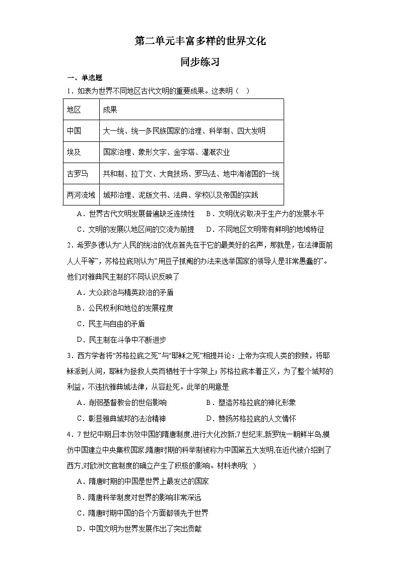 第二单元 丰富多样的世界文化 练习--2022-2023学年高中历史统编版（2019）选择性必修301