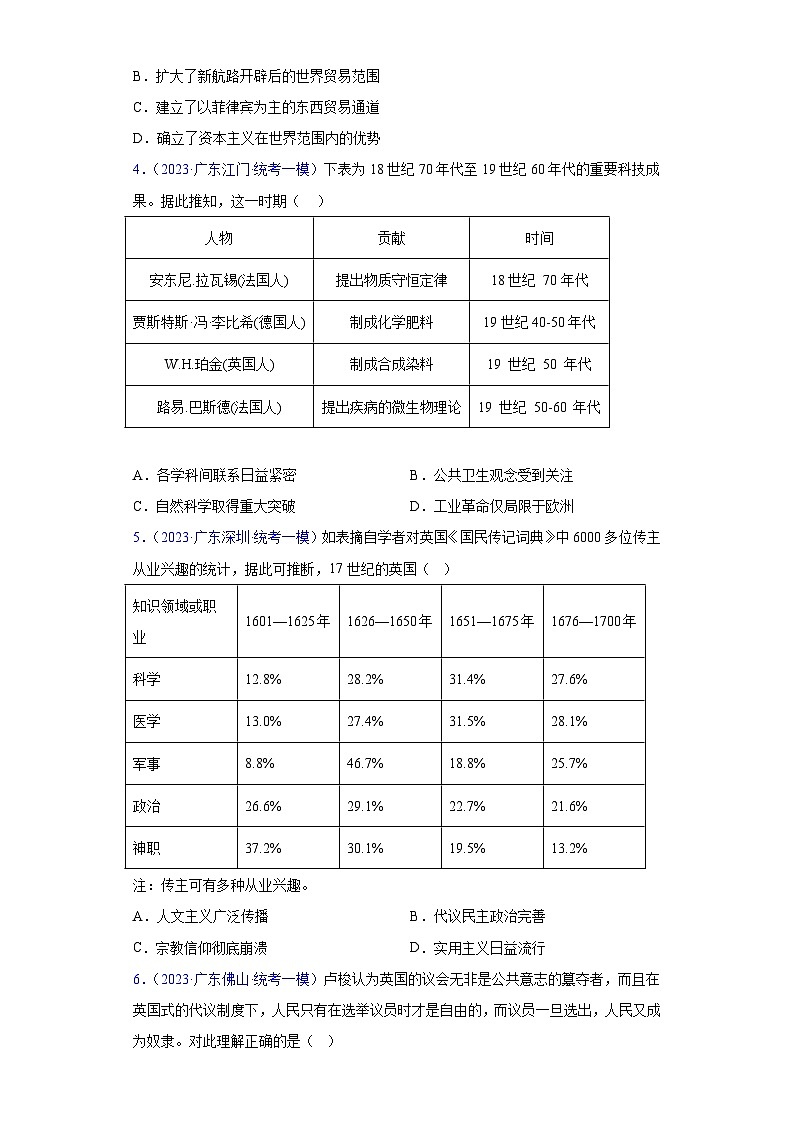 专题07 世界近代史（选择题）- 备战2024年高考历史精选2023年统考一二三模试题汇编（广东专用）02