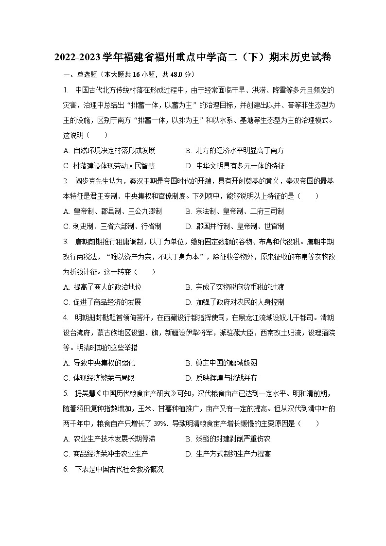 2022-2023学年福建省福州重点中学高二（下）期末历史试卷（含解析）第1页