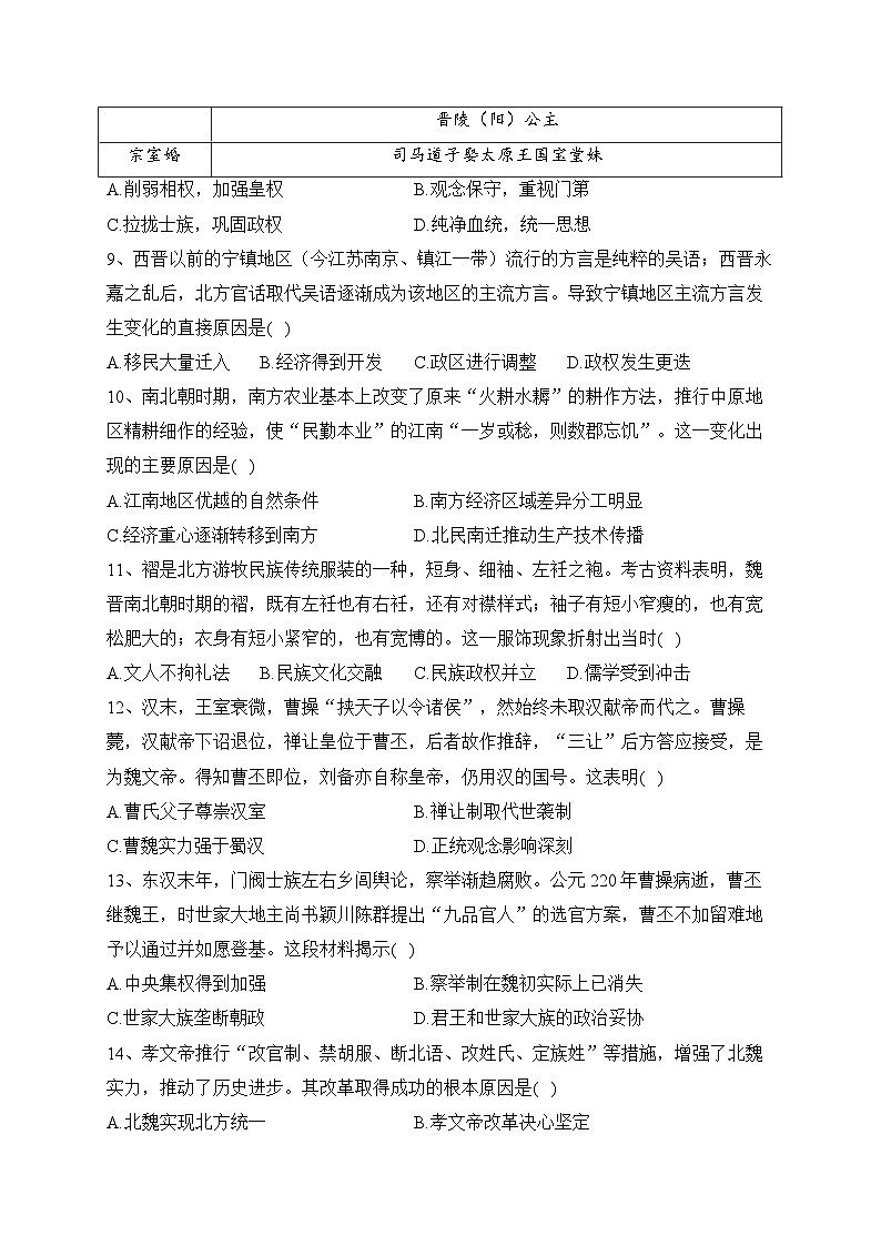 统编版高中历史必修上册第5课三国两晋南北朝的政权更迭与民族交融课件+分层作业03