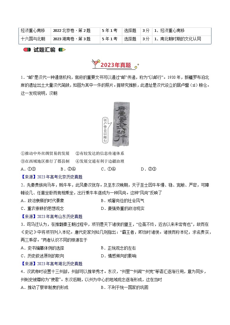 高考历史真题分项汇编（全国通用）五年（2019-2023）专题02 秦汉和魏晋南北朝时期02