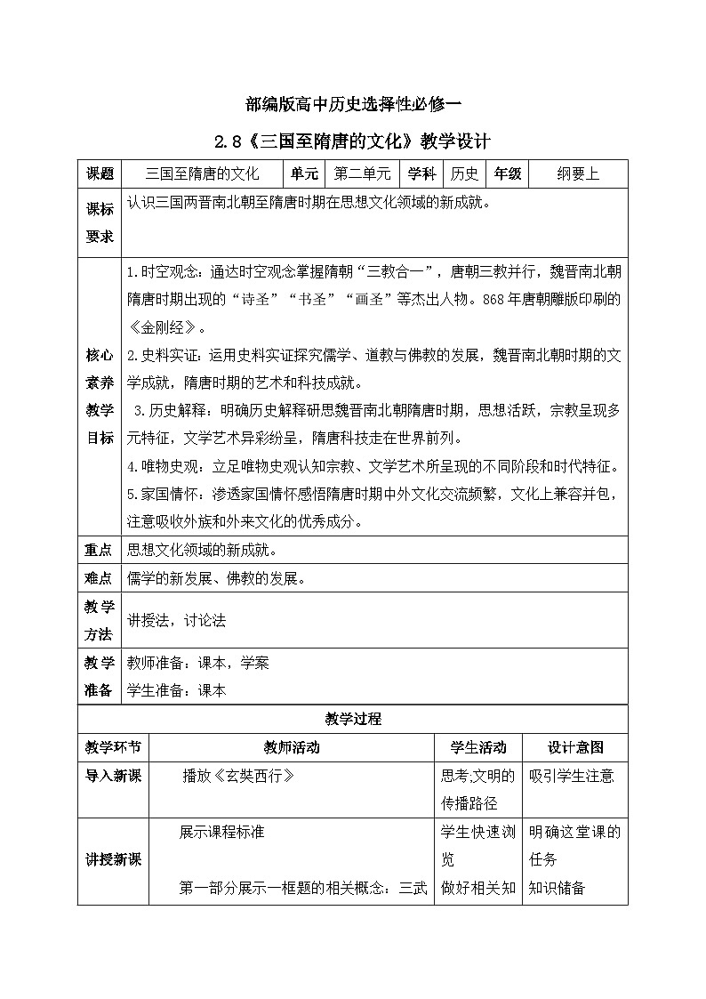 【核心素养目标】人教统编版高中历史必修中外历史纲要 第八课 三国至隋唐的文化 教案第1页