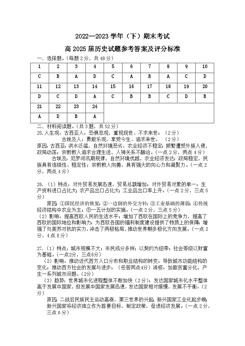 重庆市主城区七校2022-2023学年高一下学期期末考试历史试题01