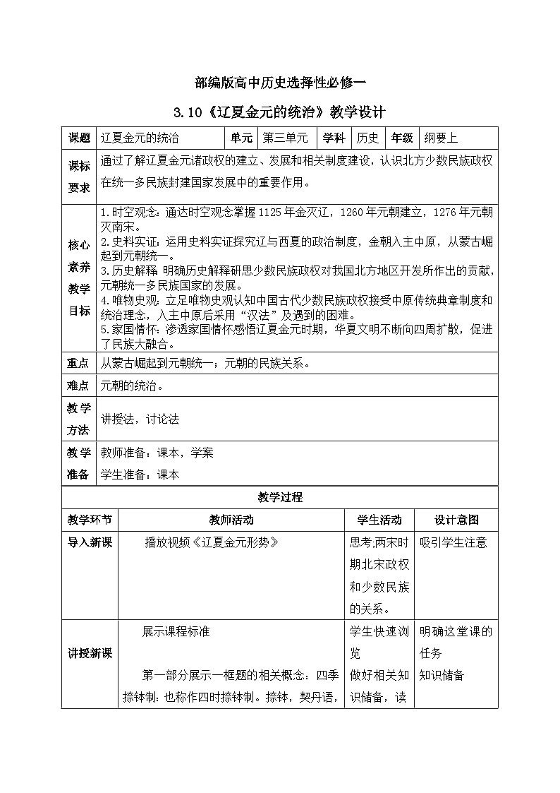 人教统编版高中历史必修中外历史纲要 第十课 辽夏金元的统治 课件+教案+同步分层练习(含答案)01