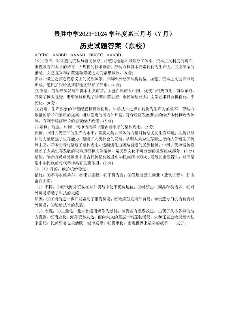 2024运城景胜中学高三上学期7月月考试题历史PDF版含答案01