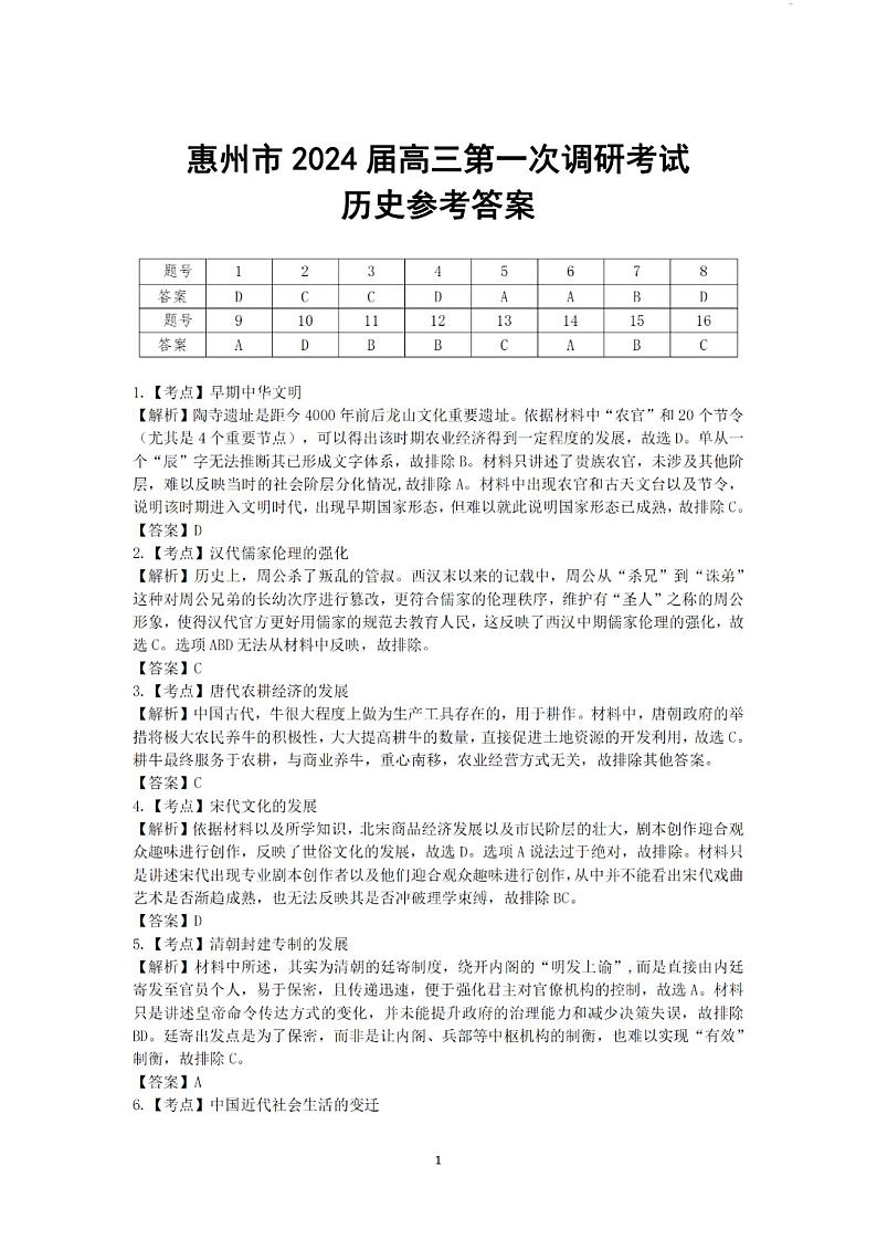 2024惠州高三上学期第一次调研考试历史PDF版含解析01