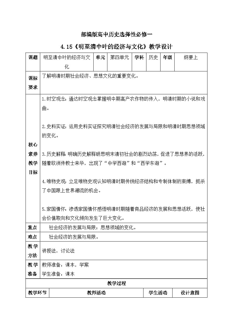 人教统编版高中历史必修中外历史纲要 第十五课 明至清中叶的经济与文化 课件+教案+同步分层练习(含答案)01