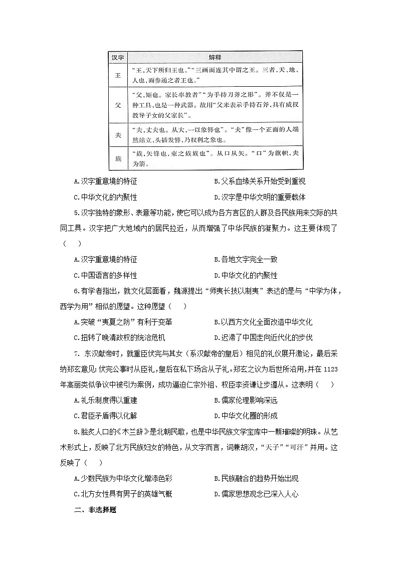 第1课 中华优秀传统文化的内涵与特点 基础练习02