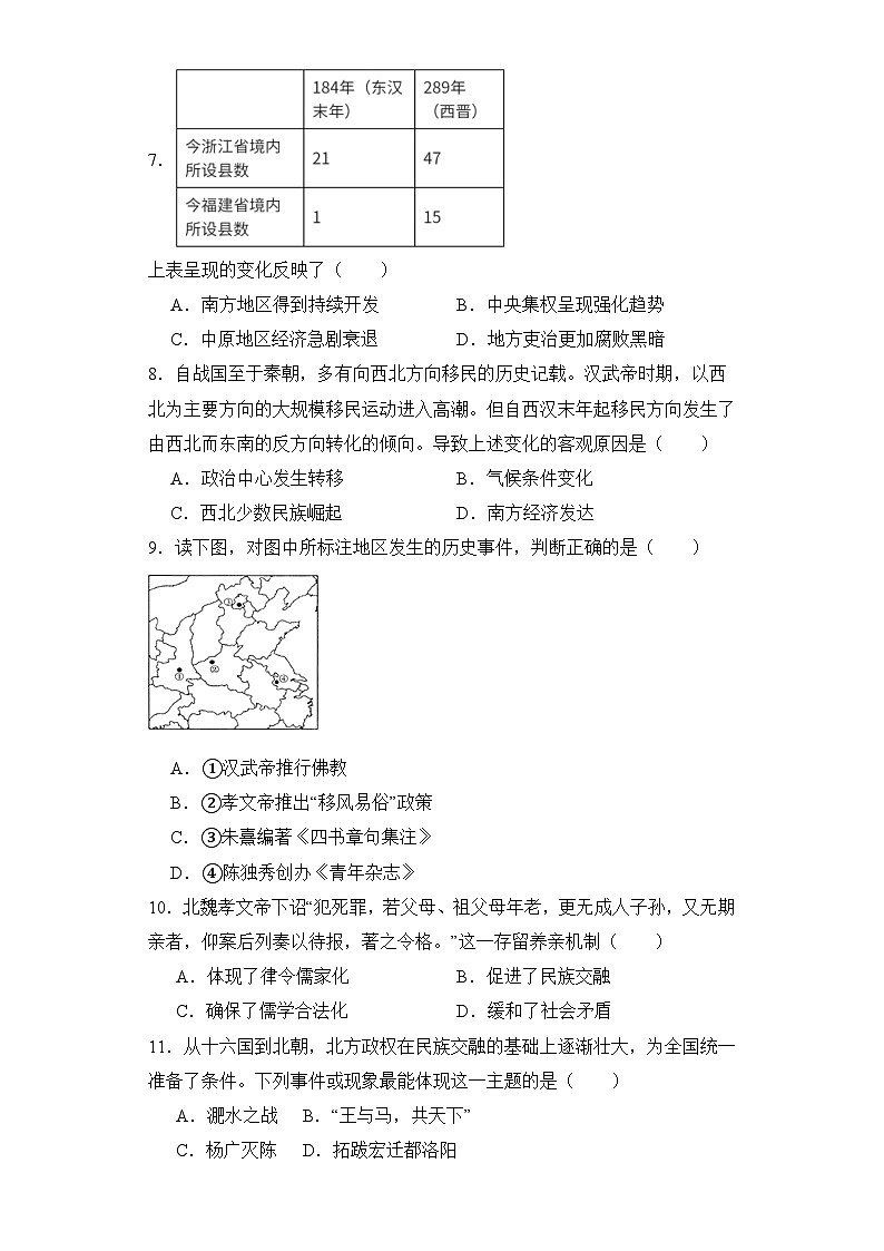 第5课三国两晋南北朝的政权更迭与民族交融 同步练习--2023-2024学年高中历史统编版（2019）必修中外历史纲要上册02