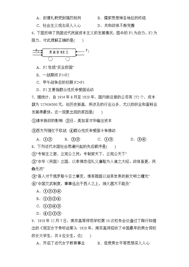 第20课 北洋军阀统治时期的政治、经济与文化 同步练习--2023-2024学年高中历史统编版（2019）必修中外历史纲要上册02