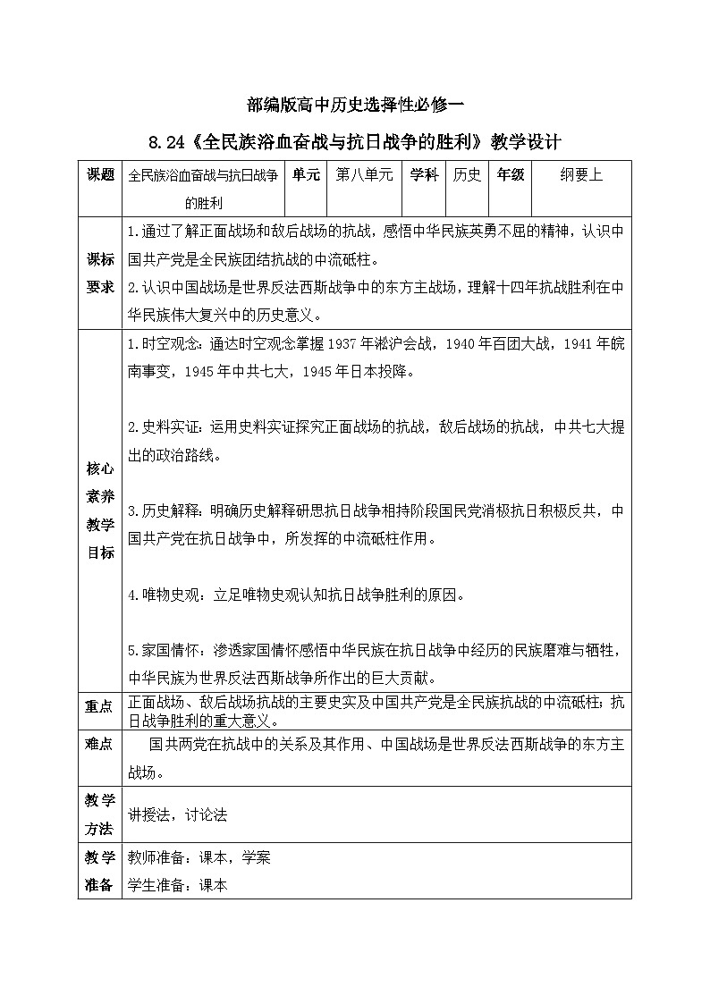 人教统编版高中历史必修中外历史纲要 第二十四课 全民族浴血奋战与抗日战争的胜利 课件+教案+同步分层练习(含答案)01