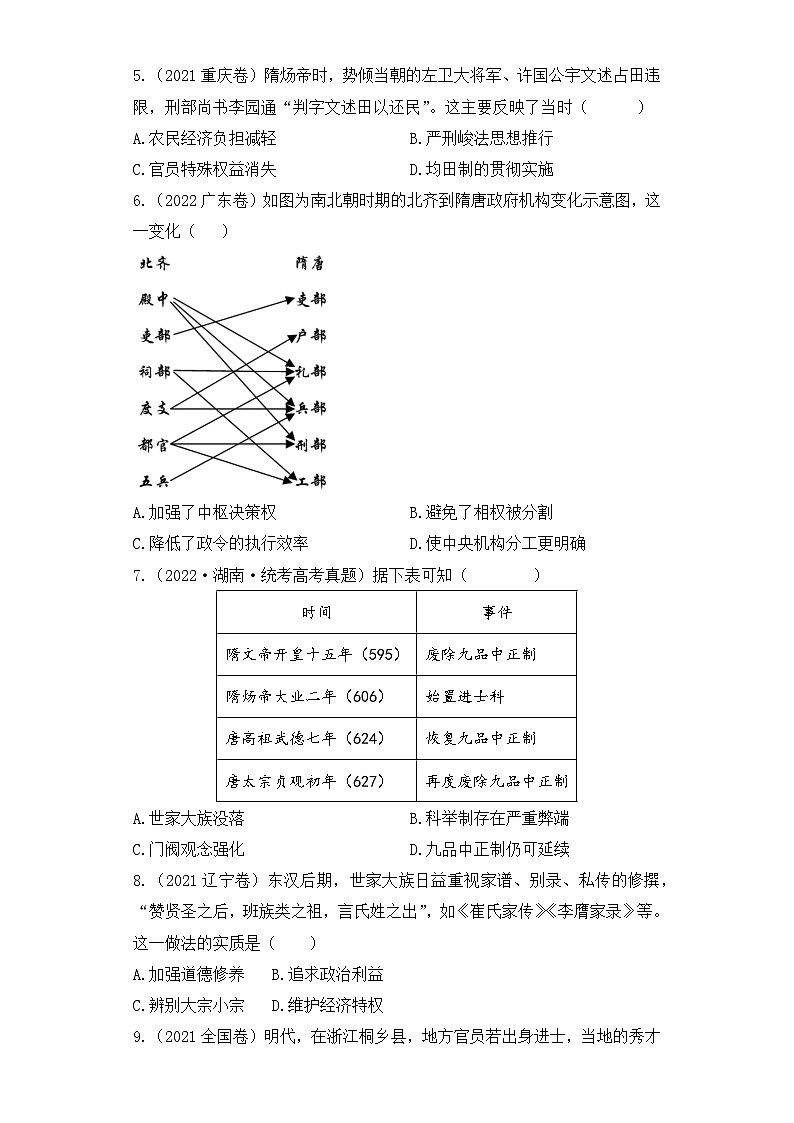 三年（2021-2023）高考历史创新真题汇编：二、三国两晋南北朝至隋唐时期——民族交融与隋唐统一多民族封建国家的发展02