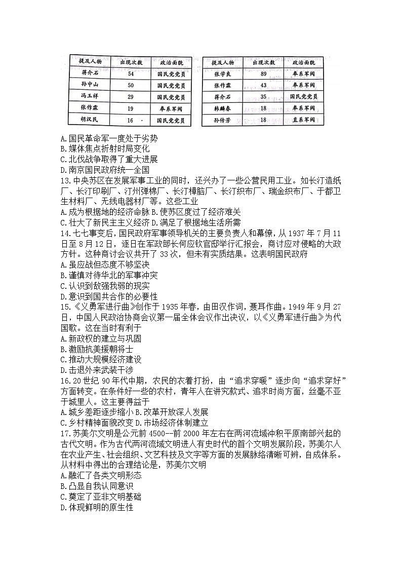 河南省名校联考2023-2024学年高三上学期开学摸底考试历史试题03