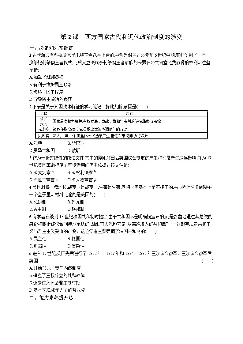 第2课 西方国家古代和近代政治制度的演变 同步练习--+2023-2024学年统编版（2019）高中历史选择性必修101