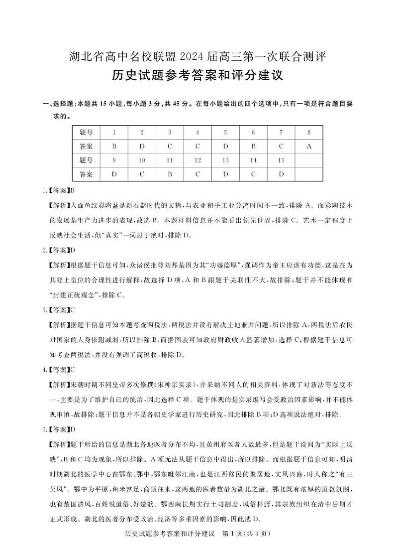 历史答案-湖北省高中名校联盟2024届高三第一次联合测评第1页
