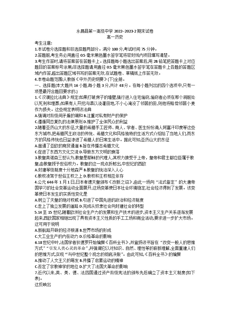 甘肃省金昌市永昌县第一高级中学2022-2023学年高一下学期期末考试历史试题01